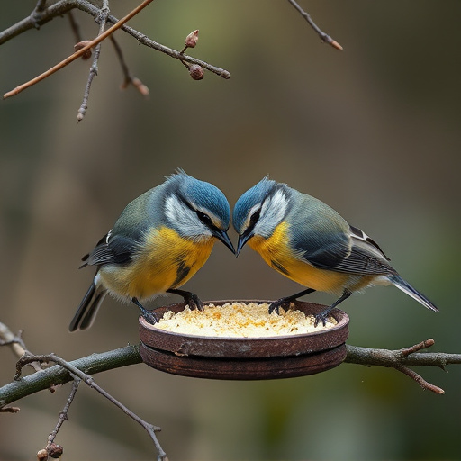 Blue tits and robins eating suet