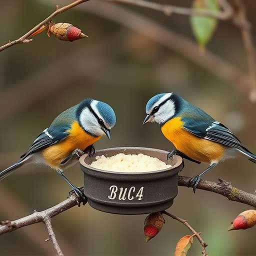 Blue tits and robins eating suet
