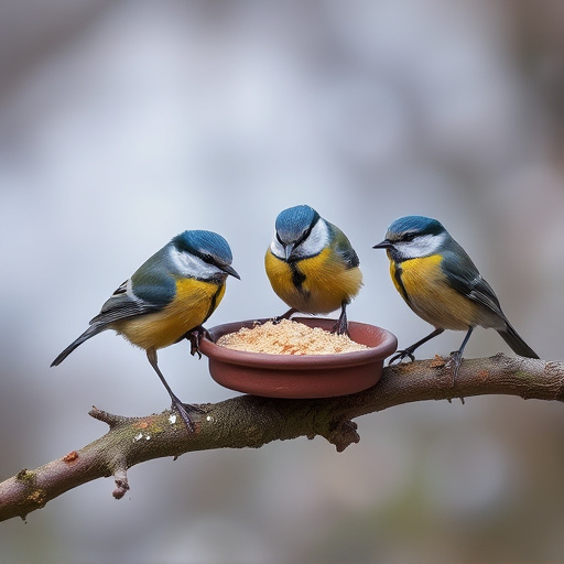 Blue tits and robins eating suet