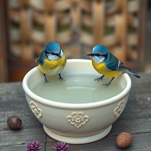 Blue tits bathing in shallow ceramic bowl