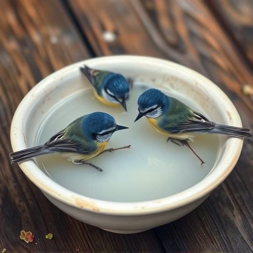 Blue tits bathing in shallow ceramic bowl