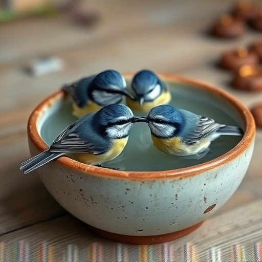Blue tits bathing in shallow ceramic bowl