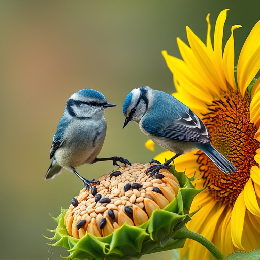 Blue tits feeding on sunflower seeds