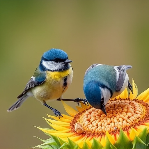 Blue tits feeding on sunflower seeds