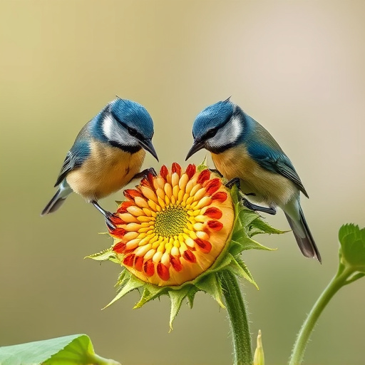 Blue tits feeding on sunflower seeds