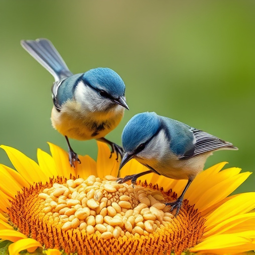 Blue tits feeding on sunflower seeds