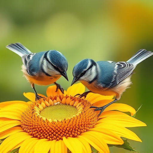 Blue tits feeding on sunflower seeds