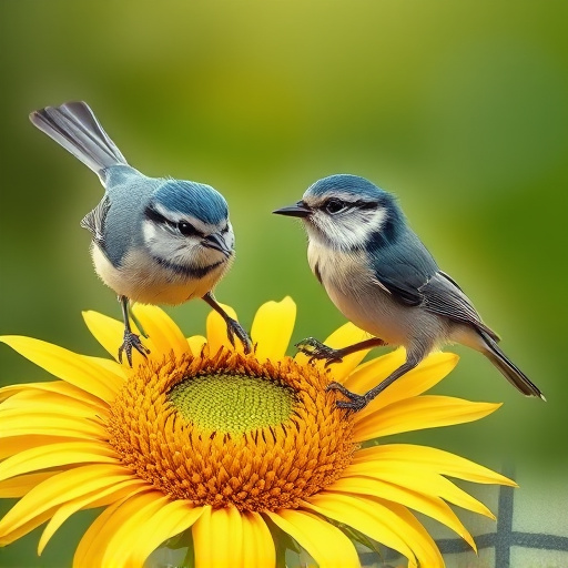 Blue tits feeding on sunflower seeds
