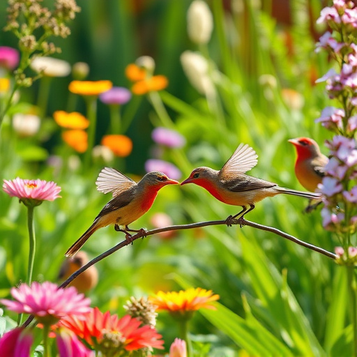 Bright garden scene with feeding birds