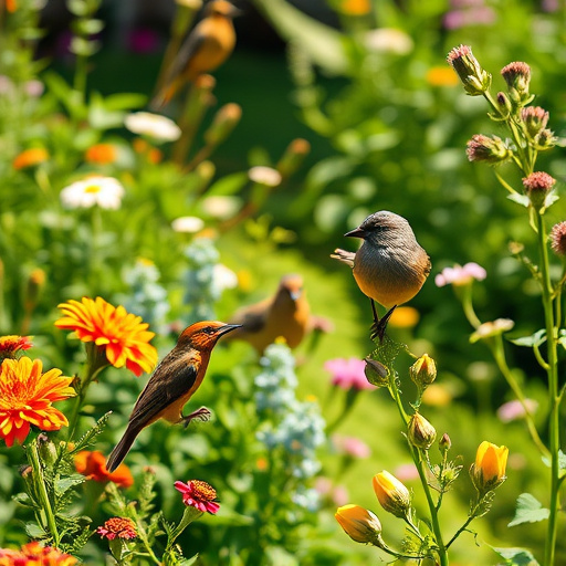 Bright garden scene with feeding birds