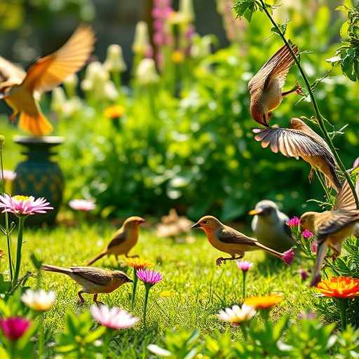 Bright garden scene with feeding birds