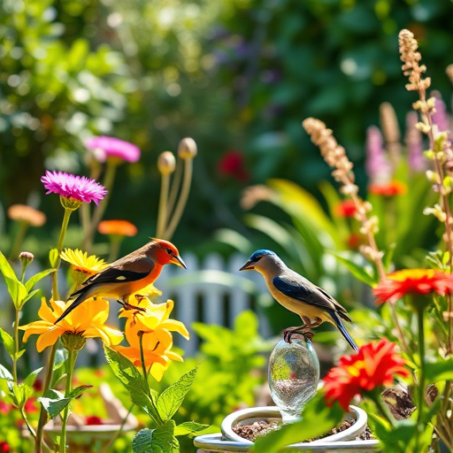 Bright garden scene with feeding birds