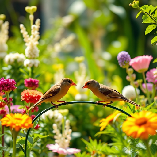 Bright garden scene with feeding birds