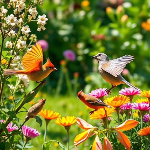 Bright garden scene with feeding birds
