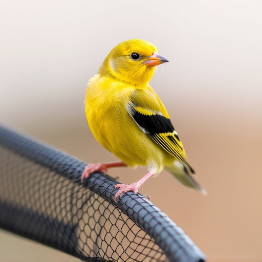 Bright yellow finch perched on mesh tube