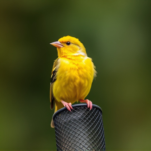 Bright yellow finch perched on mesh tube