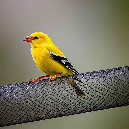 Bright yellow finch perched on mesh tube
