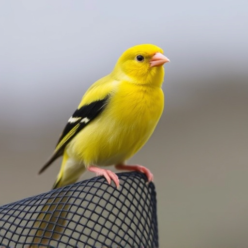 Bright yellow finch perched on mesh tube