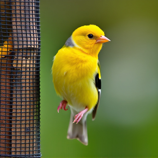 Bright yellow finch perched on mesh tube