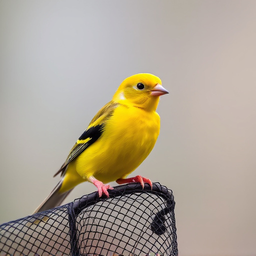 Bright yellow finch perched on mesh tube