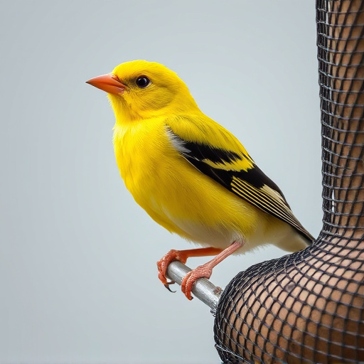 Bright yellow finch perched on mesh tube
