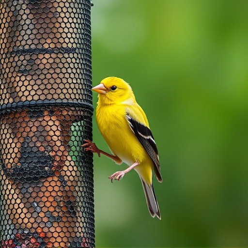 Bright yellow finch perched on mesh tube