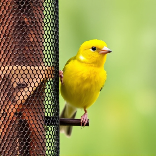 Bright yellow finch perched on mesh tube