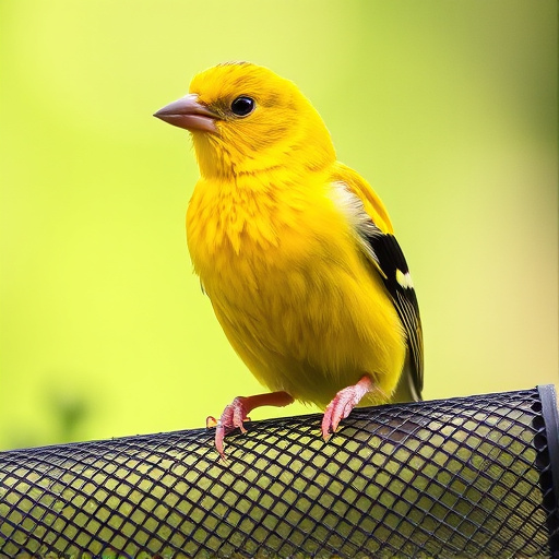 Bright yellow finch perched on mesh tube