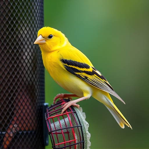 Bright yellow finch perched on mesh tube