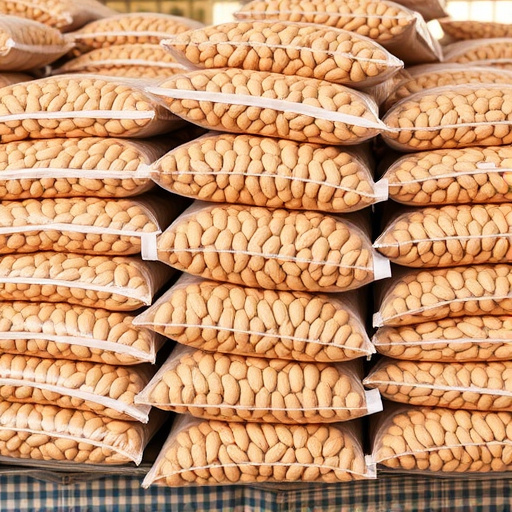 Bulk bags of peanuts stacked neatly