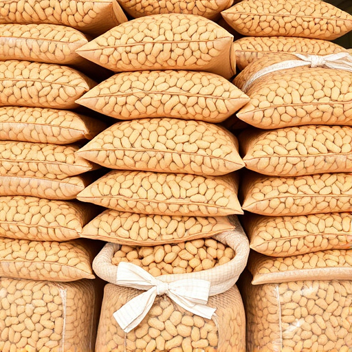 Bulk bags of peanuts stacked neatly