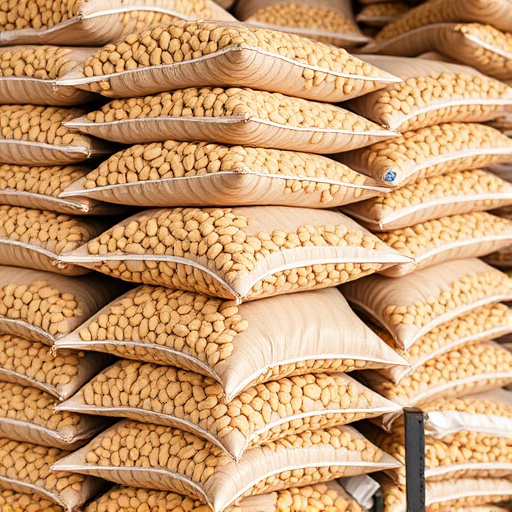 Bulk bags of peanuts stacked neatly