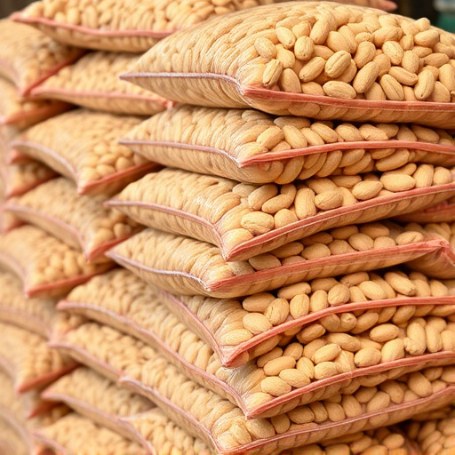 Bulk bags of peanuts stacked neatly