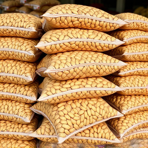 Bulk bags of peanuts stacked neatly