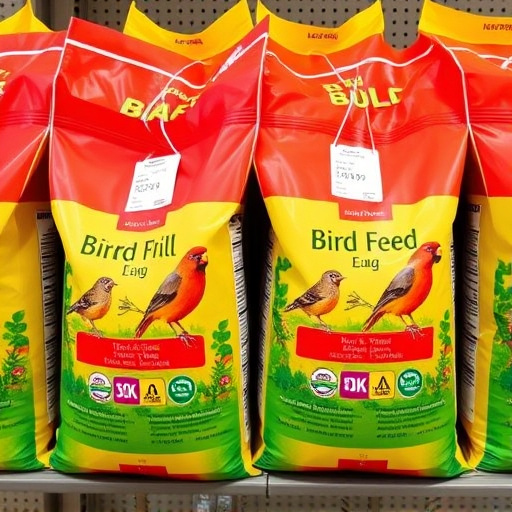 Bulk bird feed bags with price tags