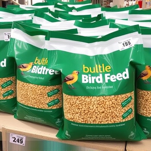 Bulk bird feed bags with price tags