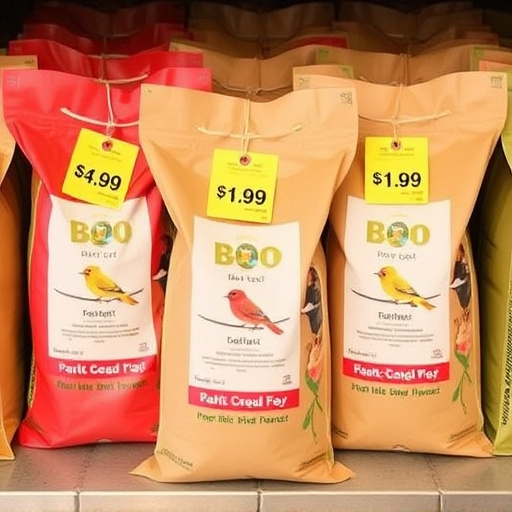 Bulk bird feed bags with price tags