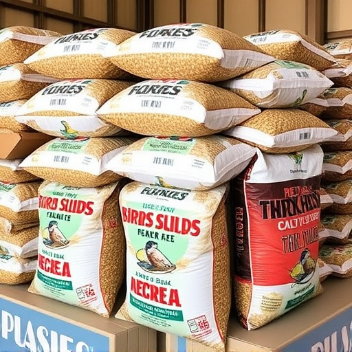 Bulk bird seed bags stacked neatly