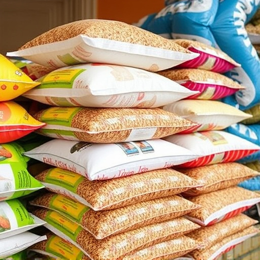 Bulk bird seed bags stacked neatly