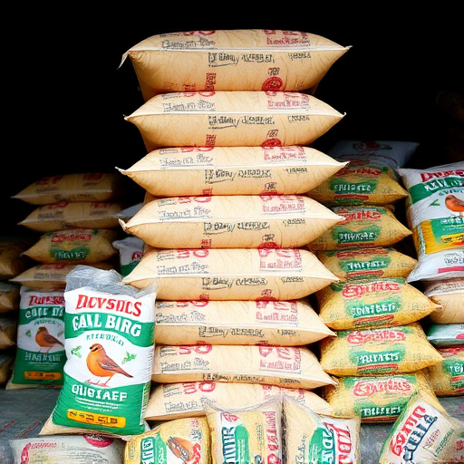 Bulk bird seed bags stacked neatly