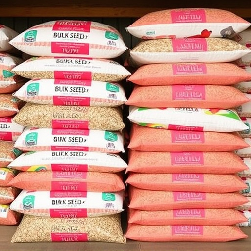 Bulk bird seed bags stacked neatly