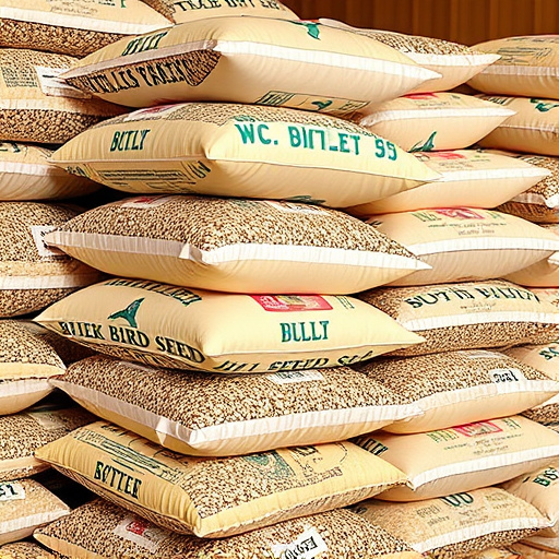 Bulk bird seed bags stacked neatly