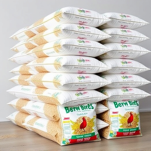 Bulk bird seed bags stacked neatly