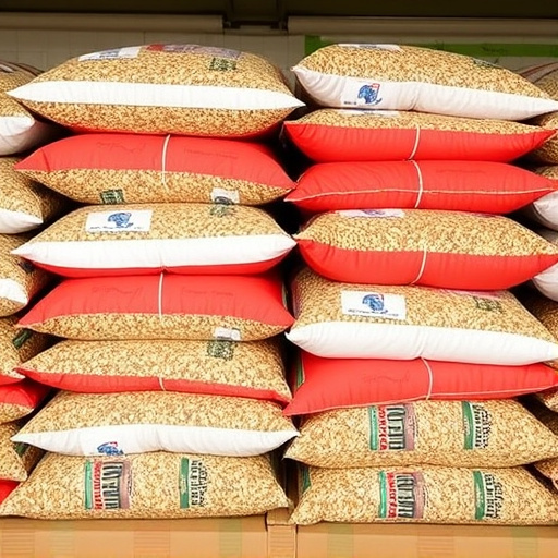 Bulk bird seed bags stacked neatly