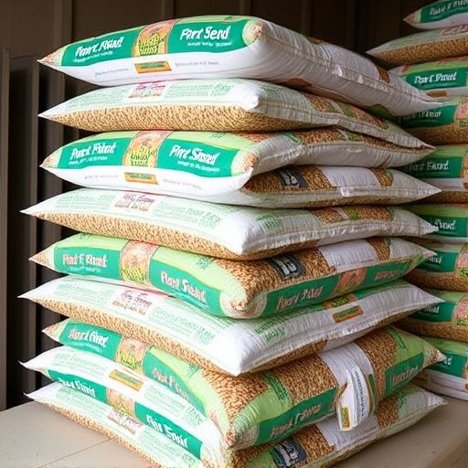 Bulk bird seed bags stacked neatly