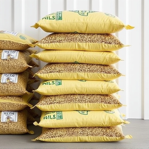 Bulk bird seed bags stacked neatly