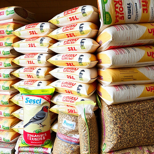 Bulk bird seed bags stacked neatly