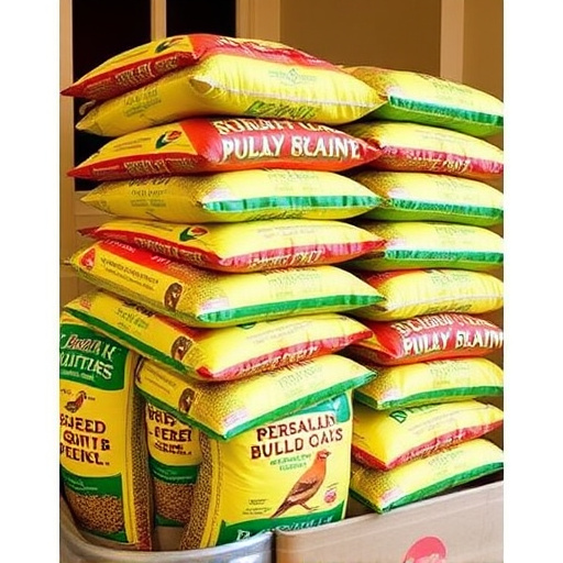 Bulk bird seed bags stacked neatly