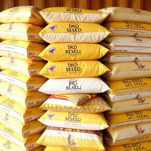 Bulk bird seed bags stacked neatly