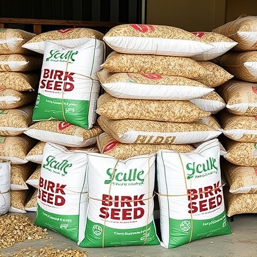 Bulk bird seed bags stacked neatly
